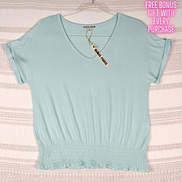 Moral Fiber Teal Smocked Hem Short Sleeve V-Neck Top Size XL NWT - Picture 1 of 7